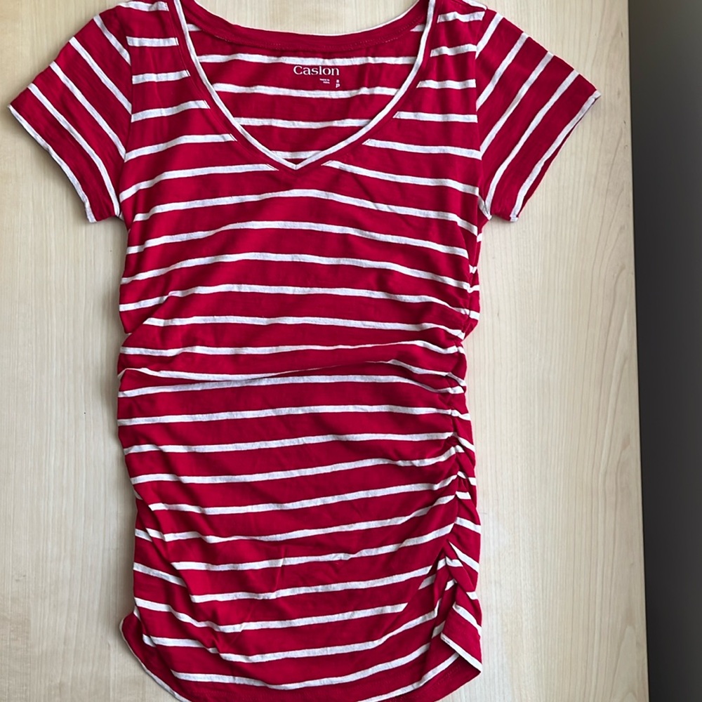 CASLON Red/Cream Stripes V Neck T Shirt with Ruching On The Sides, Small Petite